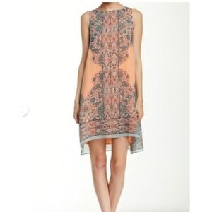 MAX STUDIO Peach Orange & Green Floral Shift Dress Fully Lined Scoop Neck Medium